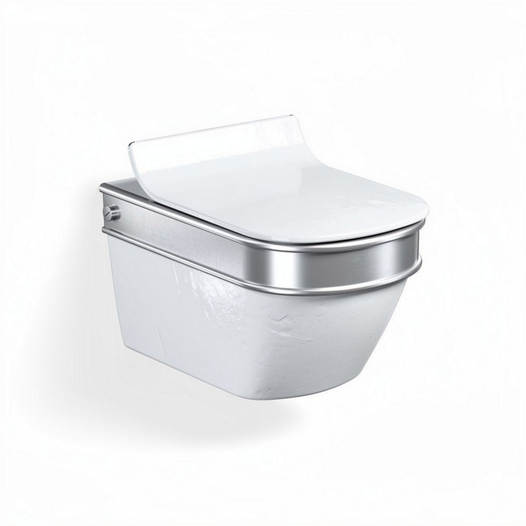 Hangend toilet van wit keramiek met chromen afwerking en compacte afmetingen 50 x 37 x 35cm