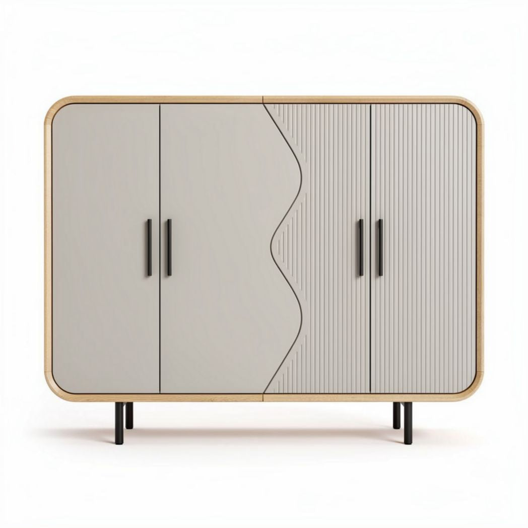 Dressoir van hout in grijs en beige met drie deuren en zwarte handgrepen