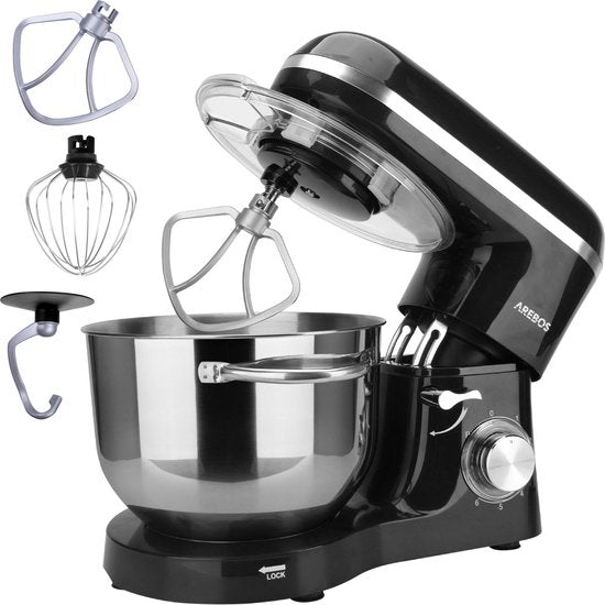 Arebos AREBOS Keukenmachine - 1500W - Keukenrobot - 6L - Keukenmixer - Foodprocessor - Roestvrij Stalen Mengkom - 6 Snelheden - Zwart