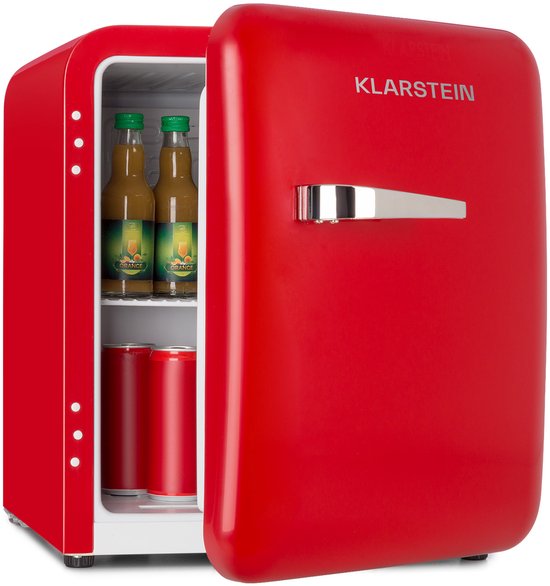 Klarstein Mini-Koelkast Audrey Mini retro Mini koelkast -Drankkoelkast - Energie-efficiëntieklasse D - 48 Liter inhoud - 2 Niveaus - Koeltemperatuur: 0 - 10 °C - Jaren 50 retro Stijl - Flessenvak eierbakje - Rood - Mini Fridge(Rood)