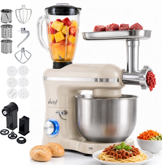 Vivid Green 2000W Keukenmixer - Vleesmolen, Blender Pastamachine - Geschikt voor Zwaar Deeg - 6,2L Mengkom - Keukenmachine - Keukenrobot - Crème(Creme)
