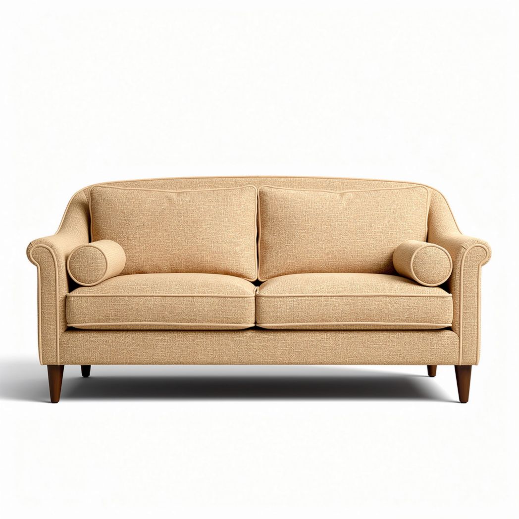 Sofabank in beige stof met ronde kussens en houten poten 180 x 90 x 80cm