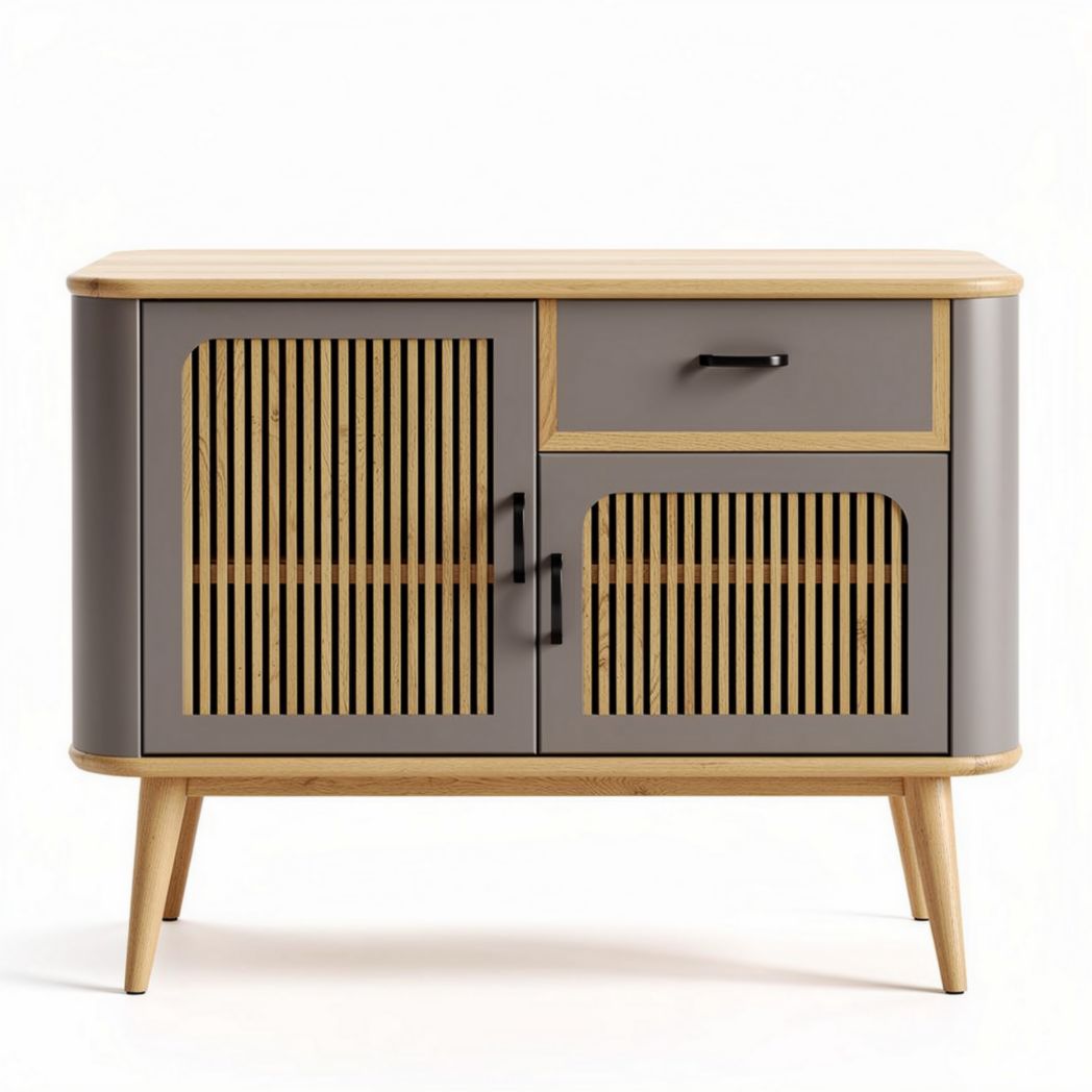 Kast van hout en spaanplaat met opengewerkte deuren grijs en naturel 80 x 40 x 75cm