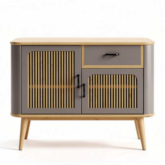 Kast van hout en spaanplaat met opengewerkte deuren grijs en naturel 80 x 40 x 75cm