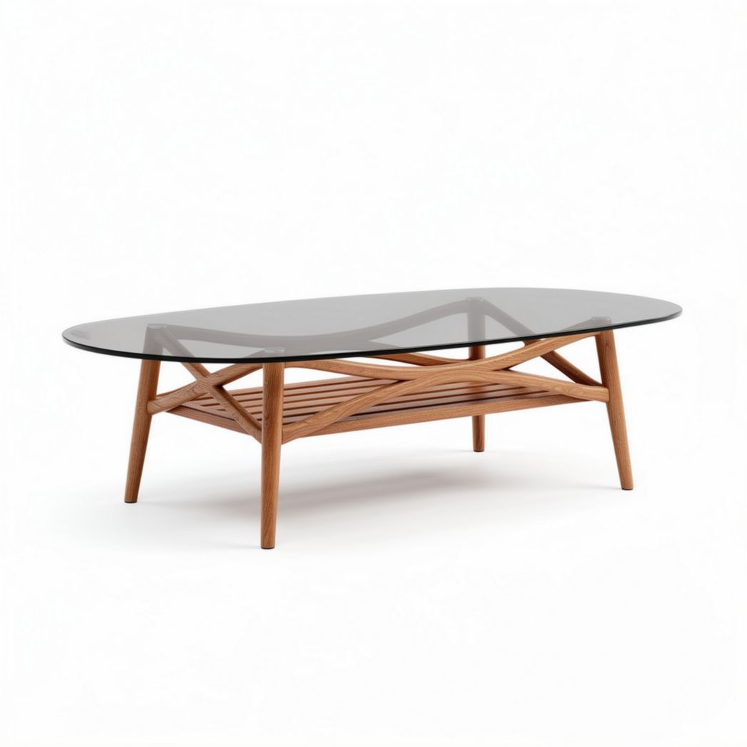 Glazen salontafel met houten onderstel 120 x 60 x 45cm bruin