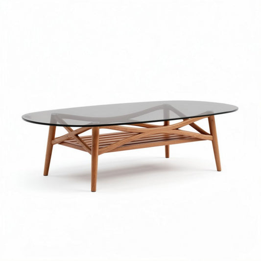 Glazen salontafel met houten onderstel 120 x 60 x 45cm bruin