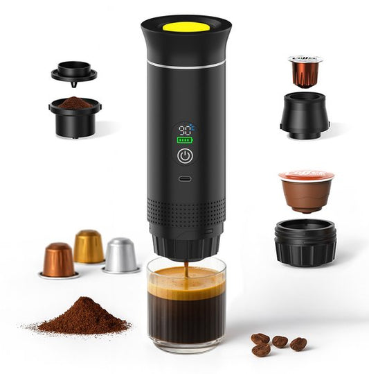 Draagbaar Koffiezetapparaat voor Onderweg van MMOBIEL - 12 Volt Portable Koffiemaker Camping- Oplaadbaar USB-C - Koffiecups  Gemalen Koffie Espresso - Lungo - Nespresso - Camping Gadget(Zwart)
