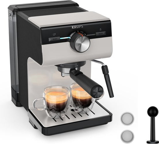 Krups Authentic C40 XP381B - Pistonmachine - Inclusief Melkopschuimer - Compact - Stijlvol Design - Geschikt voor Espresso en Latte(Lichtgrijs)