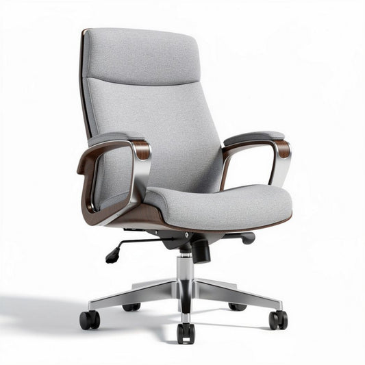 Bureaustoel grijs met houten armleuningen en metalen basis 60 x 60 x 110cm