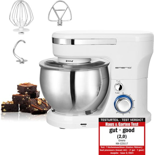 Emerio Keukenmachine 5 Liter - 1000W Keukenrobot - Foodprocessor - Keukenmixer met RVS Mengkom - 6 Snelheden - Inclusief Klopper, Deeghaak en Garde - KM-123117 Wit(Roestvrijstaal， Wit)