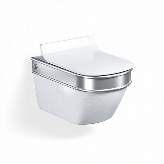 Hangend toilet van wit keramiek met chromen afwerking en compacte afmetingen 50 x 37 x 35cm