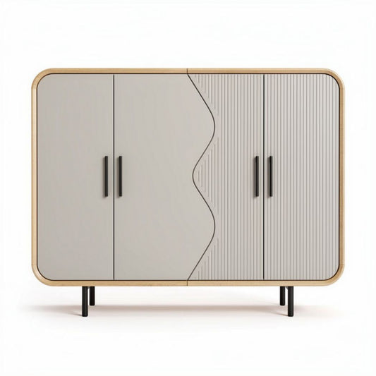 Dressoir van hout in grijs en beige met drie deuren en zwarte handgrepen