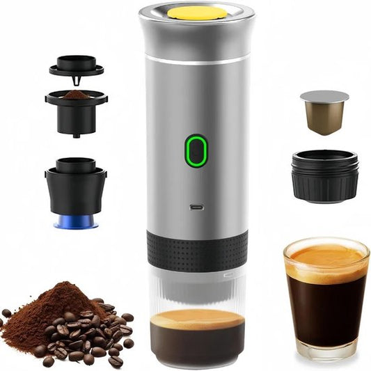Merkloos / Sans marque Draagbaar koffiezetapparaat, 3-in-1 elektrisch koffiezetapparaat, geschikt voor koffiecapsules en gemalen koffie, ondersteunt koud zetten en verwarmen (zilver).