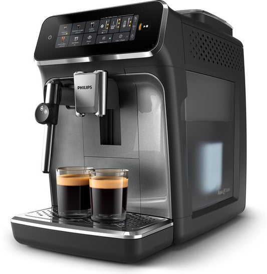 Philips 3300 Series - Espressomachine - 5 Warme  Koude Dranken - Melkopschuimer voor Cappuccino - 40% Stiller - AquaClean Filter - Volautomatisch - Zwart  Zilver - Koffiemachine met bonen - EP3329/70