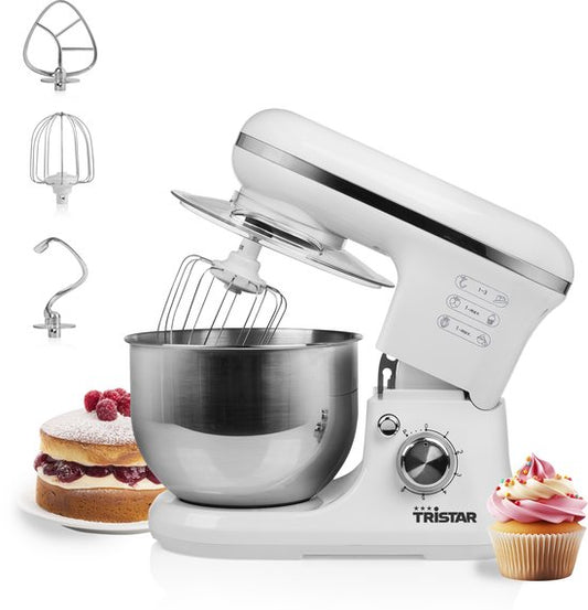 Tristar Keukenmachine MX-4817 - Keukenmixer met mengkom 5 Liter - Inclusief 3 deeghaken - Keukenrobot - 6 Programma's - Vaatwasbestendig - 1200 watt - Wit