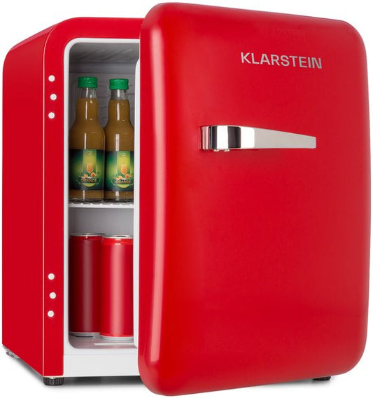 Klarstein Mini-Koelkast Audrey Mini retro Mini koelkast -Drankkoelkast - Energie-efficiëntieklasse D - 48 Liter inhoud - 2 Niveaus - Koeltemperatuur: 0 - 10 °C - Jaren 50 retro Stijl - Flessenvak  eierbakje - Rood - Mini Fridge(Rood)