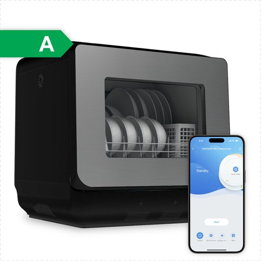 Amenzo® - Mini Vaatwasser - Inclusief App - Energielabel A - 900 Watt - 5 Programma's - Zwart - Afwasmachine - Met Waterreservoir(Zwart， RVS)
