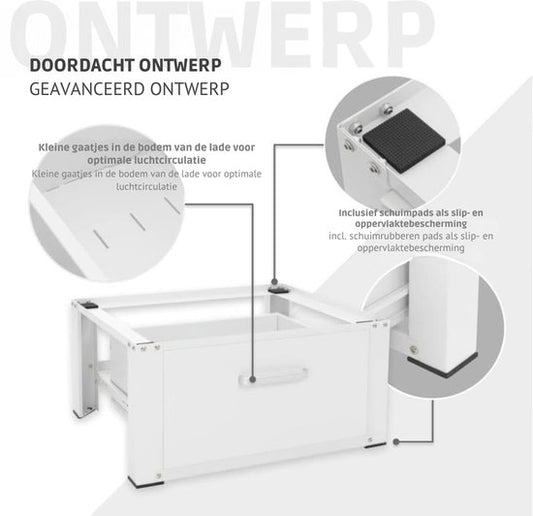 Savi SAVI® Wasmachine Verhoger - Wasmachine Verhoger met Lade - Wasmachine Sokkel Met Laadcapaciteit tot 150 KG - Wit - 63cm x 54cm x 32cm