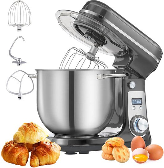 Merkloos / Sans marque Norvia Keukenmachine - Display en Timer - Keukenrobot - 6L - Keukenmixer - 1200W - Grijs - Stille motor - RVS kom - 6-speed
