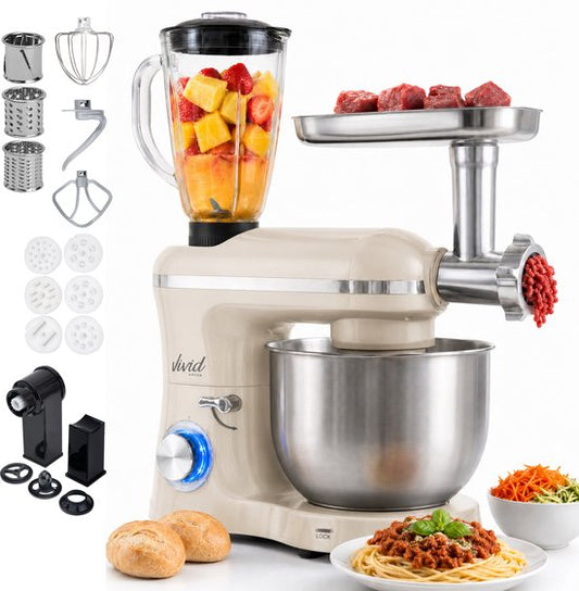 Vivid Green 2000W Keukenmixer - Vleesmolen, Blender  Pastamachine - Geschikt voor Zwaar Deeg - 6,2L Mengkom - Keukenmachine - Keukenrobot - Crème(Creme)