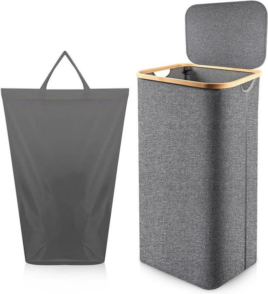 Merkloos / Sans marque Wasmand met deksel - Vuile kledingmand - Wassen organiseren - Opvouwbaar en geurbestendig - 100 liter - Grijs